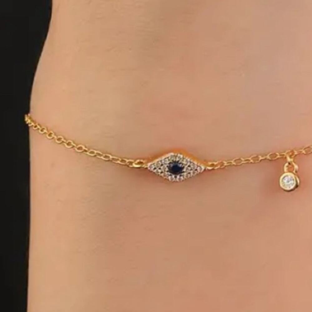 Devil's Eye Sterling Silver Bracelet Gold pleated Blue Zircon 925 Sterling New